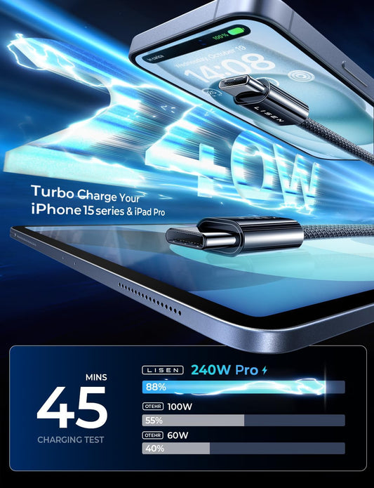 LISEN USB C to USB C Cable for iPhone 16 Charger Cord 240W Type C Charger Fast Charging Cord USB C Cable for iPhone 16e 15 17X iPad MacBook Air Pro Samsung Z Fold 7 Switch 2, 3.3ft+6.6ft/2 Pack/Black