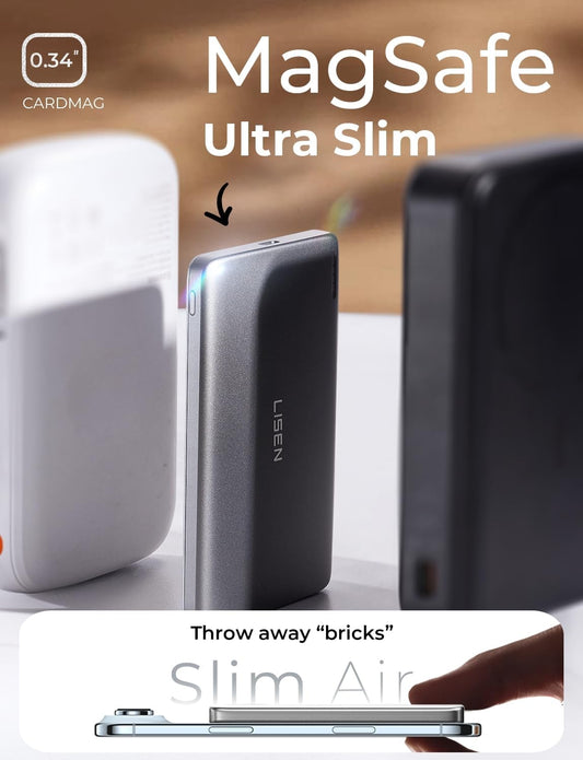LISEN Ultra Slim MagSafe Portable Charger,5000mAh Wireless Card Slim MagSafe Battery Pack iPhone 17 Air Accessories,Magnetic Power Bank for iPhone 17 Pro Max Plus Air/16/15/14/13/12,Gifts for Men