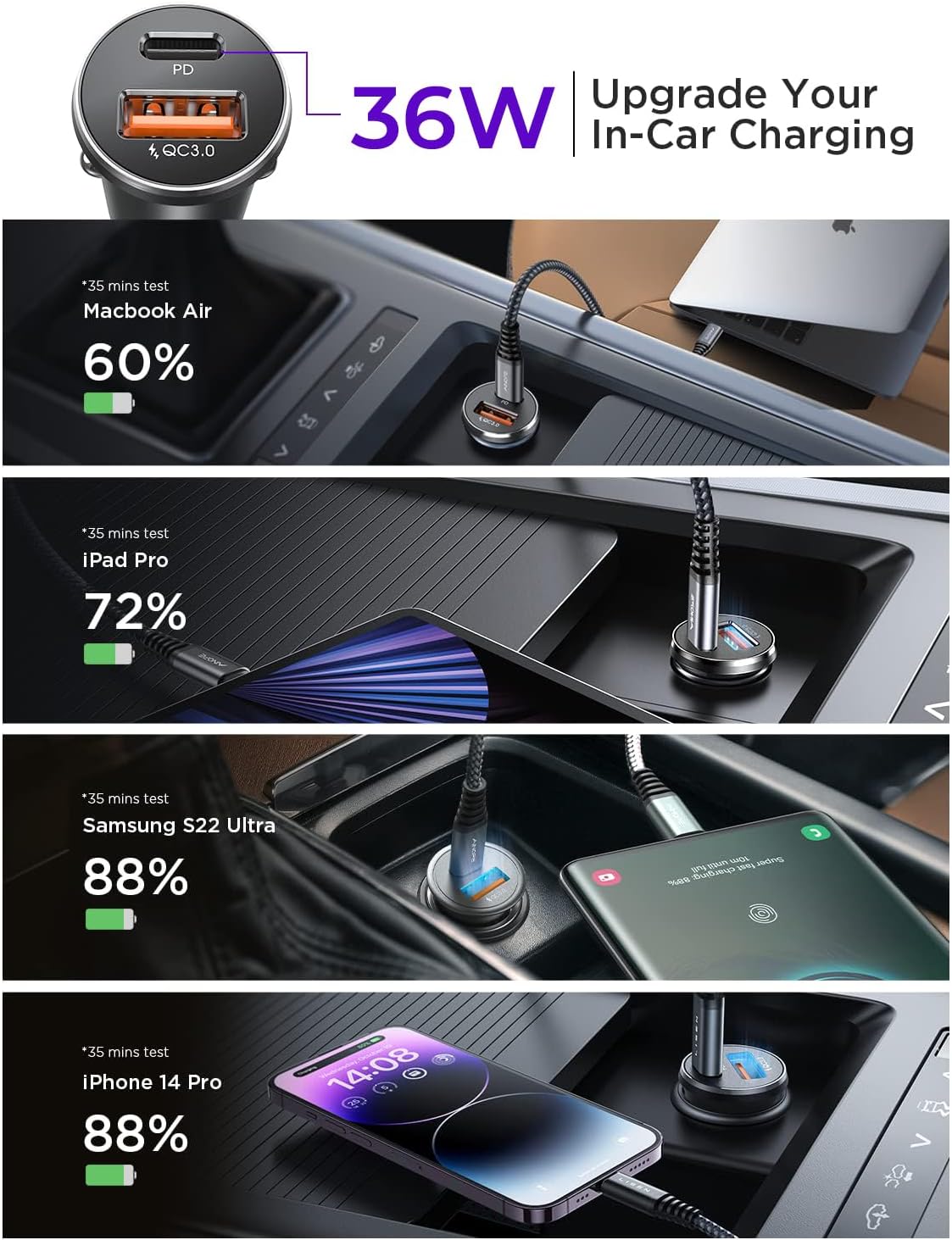 LISEN 54W Car Phone Charger USB C, Cigarette Lighter Adapter, Car Accessories for iPhone, USB C Car Charger Adapter USBC Type C 12v, for iPhone 17 Pro Max 16 15 14 13 12, Samsung Google iPad Andorid