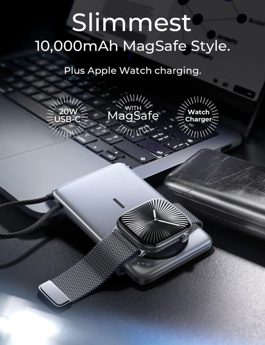 LISEN 0.5'' Ultra Slim MagSafe Power Bank for iPhone and Apple Watch,10000mAh MagSafe Battery Pack,Alloy Magnetic Portable Charger for iPhone 16 Pro Max Plus/15,Apple Watch S11 /S10/S9/SE,Black