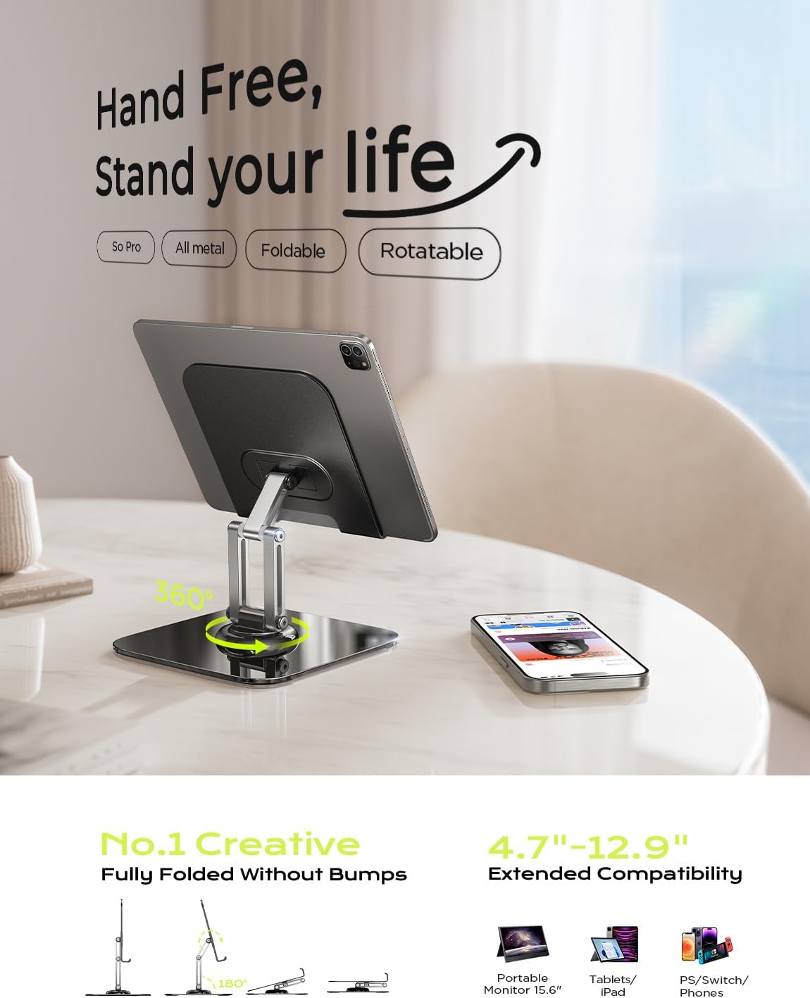 LISEN for iPad Stand Holder Adjustable Tablet Stand for Desk, 2025 for iPad Accessories Rotating Display Stand PC Office Accessories for Desk Women Kindle Table Mount/PS/Switch iPhone 12.9"-4.7"