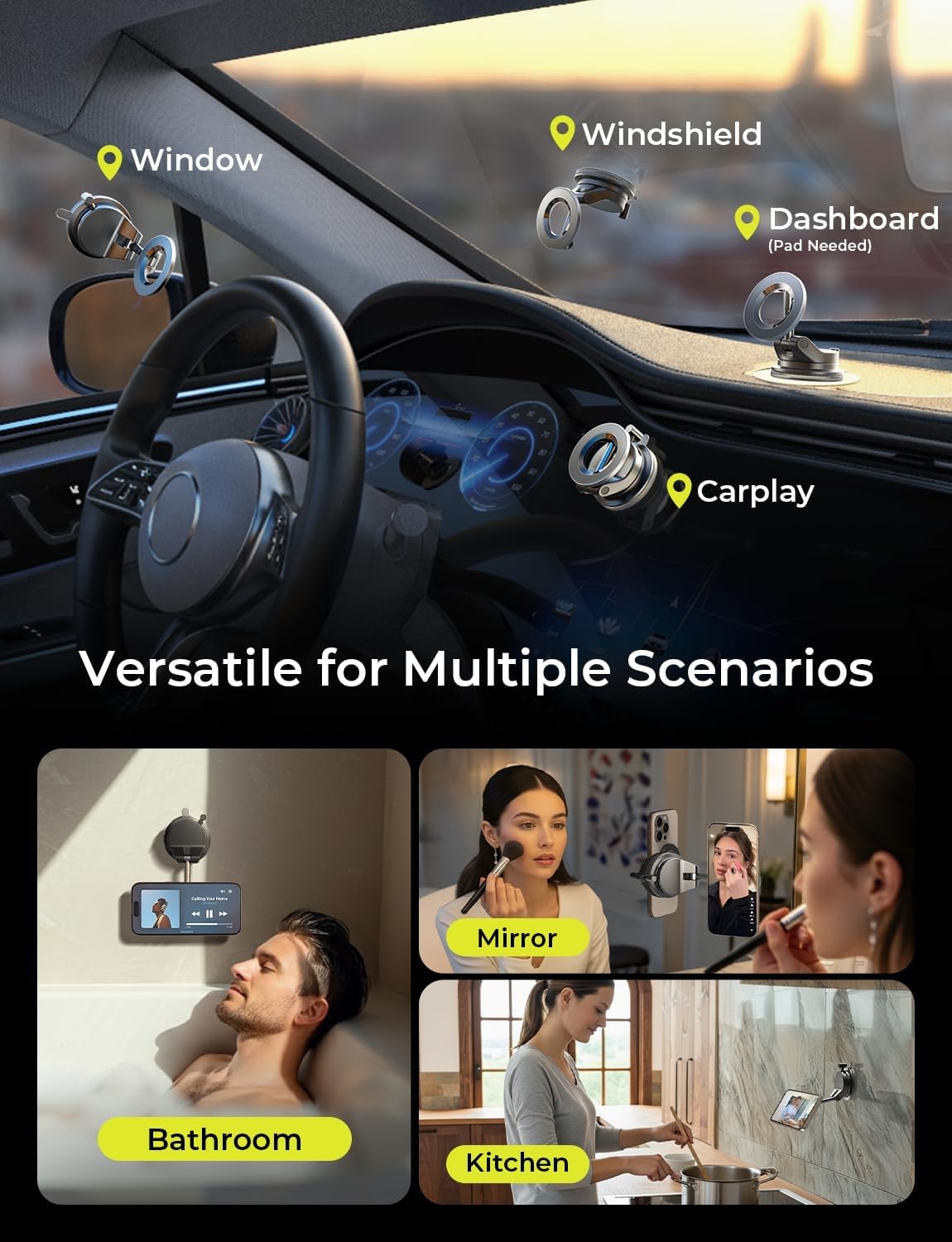 LISEN for iPhone 17 Pro Max Car Mount Vacuum MagSafe Car Mount, 360 Adjustable Suction Cup Magnetic Phone Holder, Garmin GPS for Windshield/Mirror/Kitchen/Gym for iPhone 17 16 15 14 Pro Max