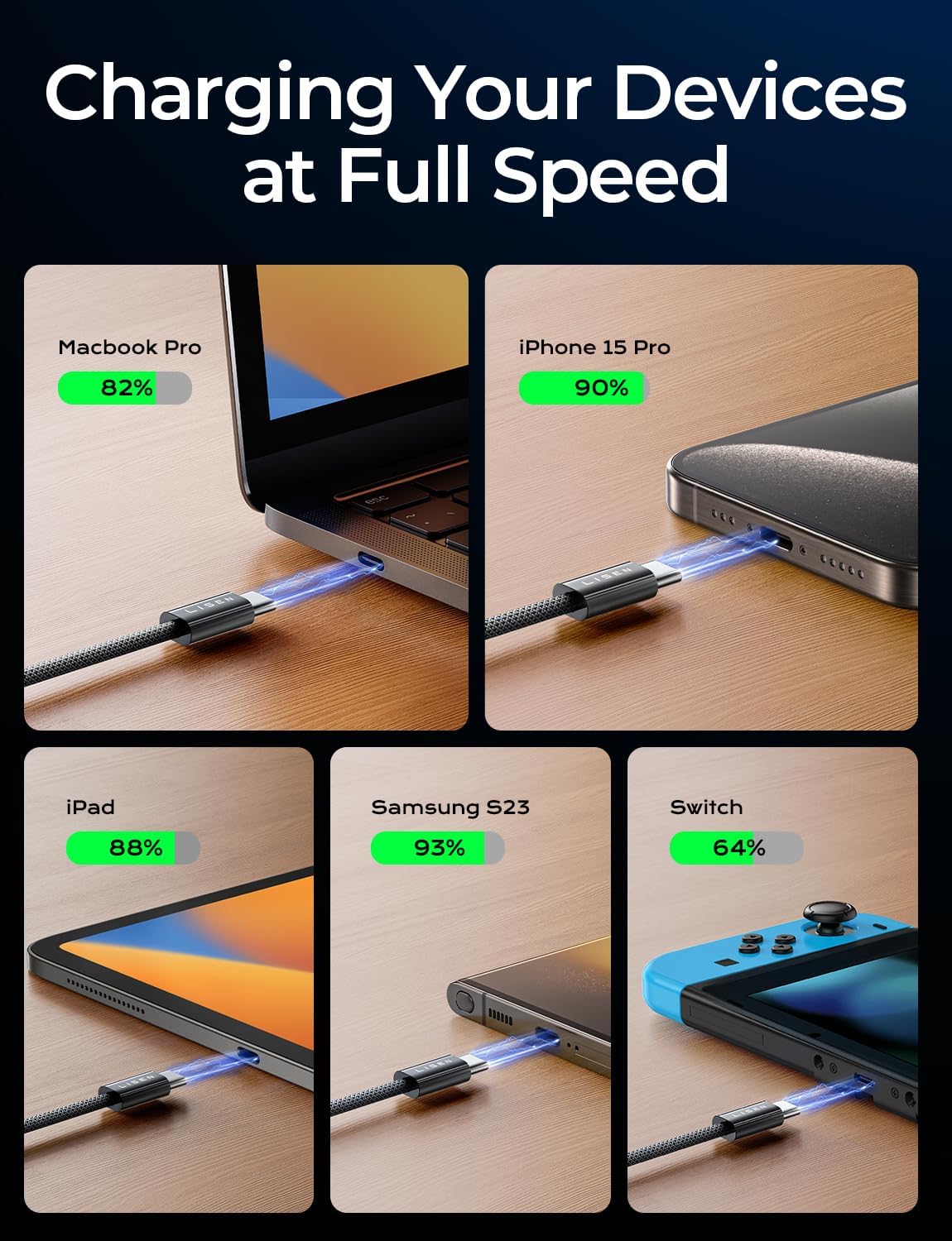 LISEN USB C to USB C Cable for iPhone 16 Charger Cord 240W Type C Charger Fast Charging Cord USB C Cable for iPhone 16e 15 17X iPad MacBook Air Pro Samsung Z Fold 7 Switch 2, 3.3ft+6.6ft/2 Pack/Black