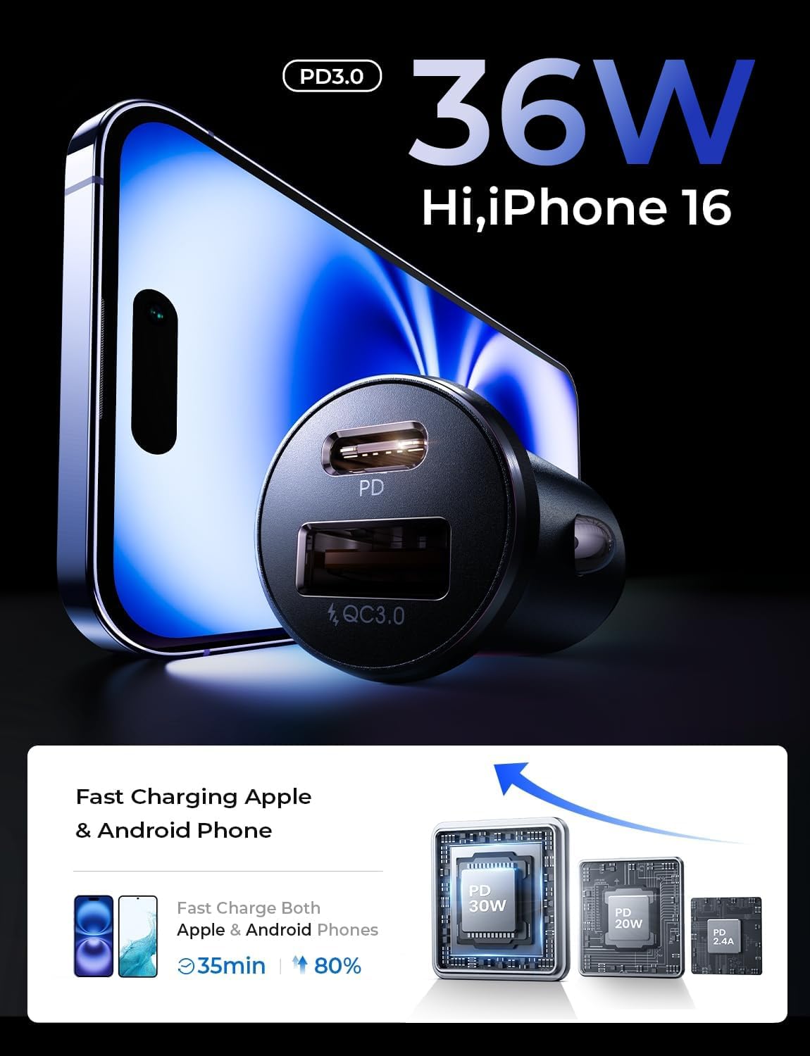 LISEN 54W Car Phone Charger USB C, Cigarette Lighter Adapter, Car Accessories for iPhone, USB C Car Charger Adapter USBC Type C 12v, for iPhone 17 Pro Max 16 15 14 13 12, Samsung Google iPad Andorid