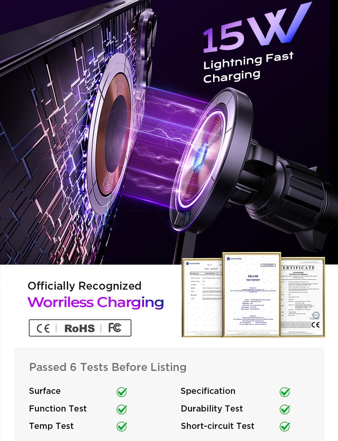 LISEN for 15W MagSafe Car Mount Charger,Magnetic Wireless Car Charger for iPhone 17 Pro Max Accessories,Magnetic Phone Holder for iPhone 17 Air Pro Max Plus 16 15 14 13 12,Samsung S25/24 with MagSafe