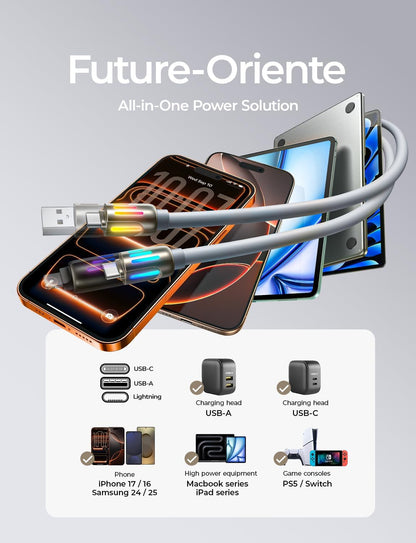 LISEN USB C to Lightning Cable, 240W 4 in 1 Charging Cable 6.6FT, Chubby USB A/C to C/Lightning with Light for iPhone Air 17 16 15 14 Pro/MacBook/iPad/Samsung/Switch 2, Multi Chargers for All Devices