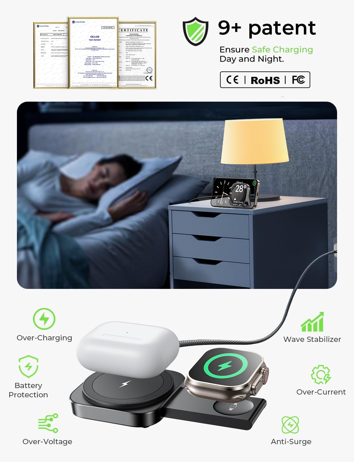 LISEN for MagSafe Charger Stand for iPhone Magnetic Apple Watch Airpods Charging, Travle Airplane Gadgets for iPhone Wireless Charger MagSafe Accessories Apple 17 16 Pro Max iwatch Airpods Black