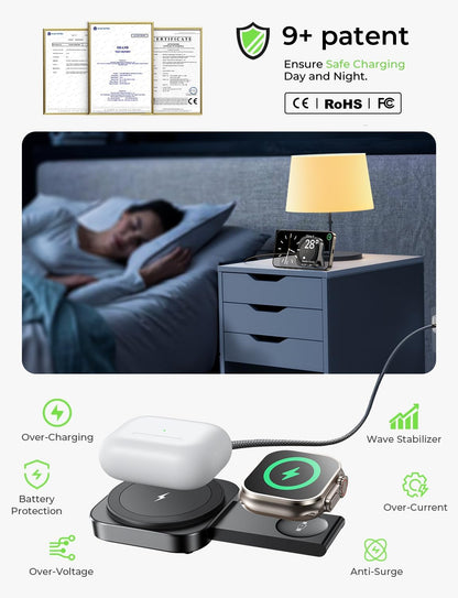 LISEN for MagSafe Charger Stand for iPhone Magnetic Apple Watch Airpods Charging, Travle Airplane Gadgets for iPhone Wireless Charger MagSafe Accessories Apple 17 16 Pro Max iwatch Airpods Black