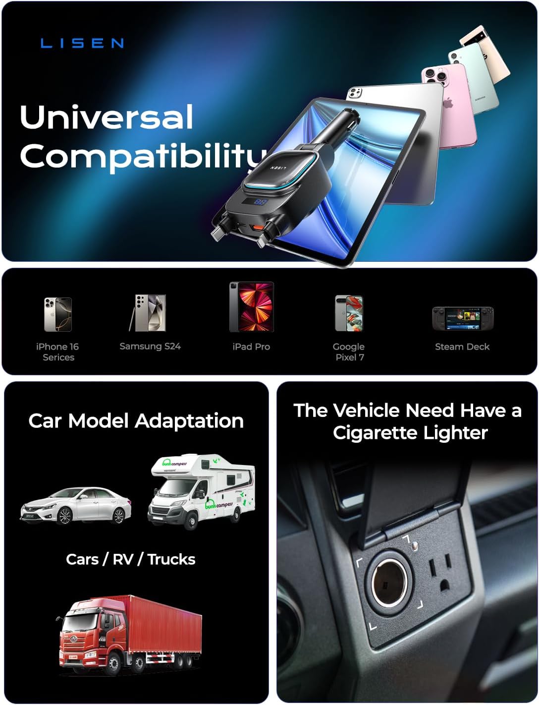 LISEN for iPhone 17 Pro Max Retractable Car Charger[USB C Cable & L Cable], 96W 4 in 1 Fast Charging Retractable Car Charger Cigarette Adapter for iPhone 16 15 14 13 12,Samsung Galaxy S25 S24, Android