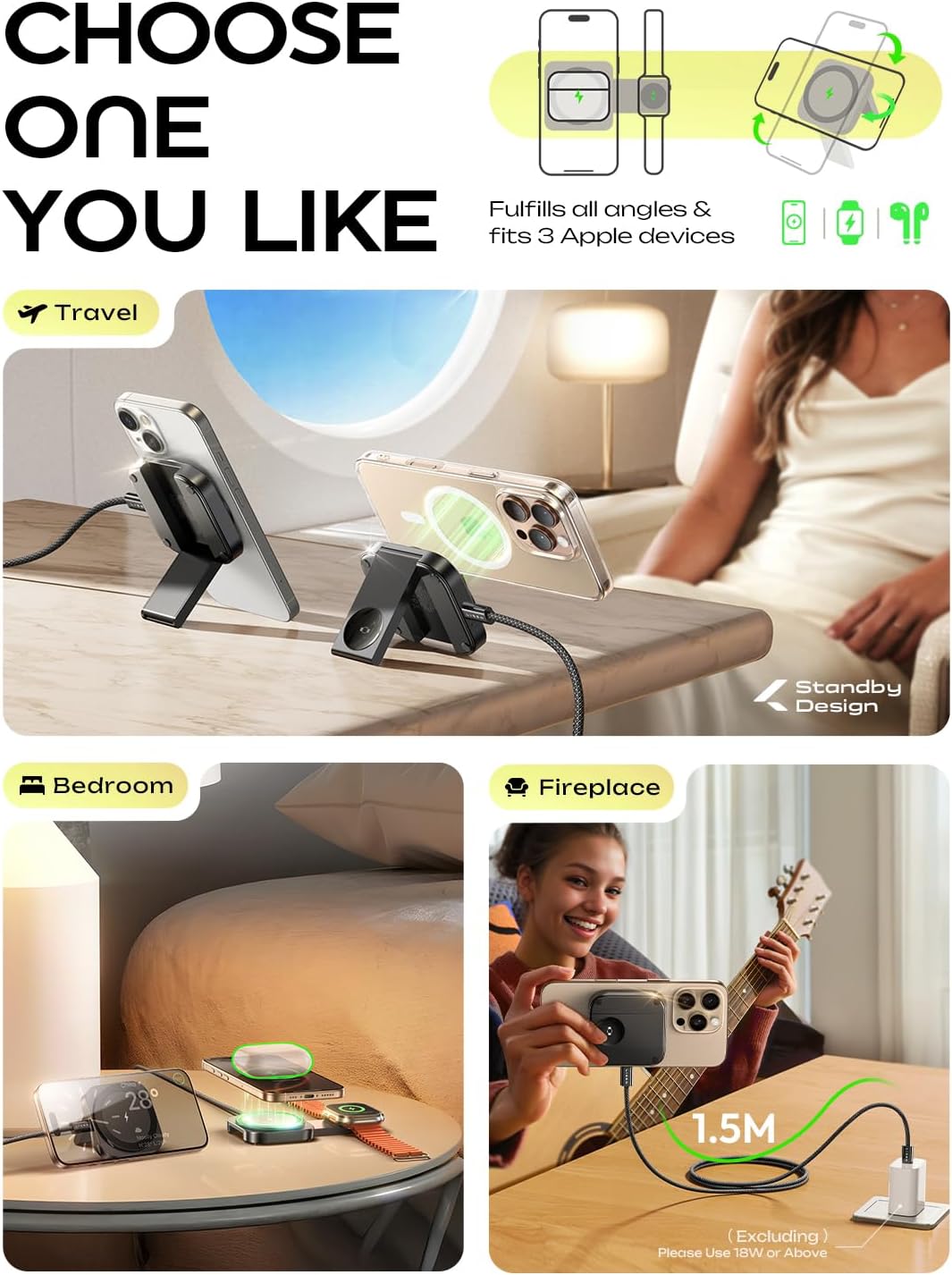 LISEN for MagSafe Charger Stand for iPhone Magnetic Apple Watch Airpods Charging, Travle Airplane Gadgets for iPhone Wireless Charger MagSafe Accessories Apple 17 16 Pro Max iwatch Airpods Black