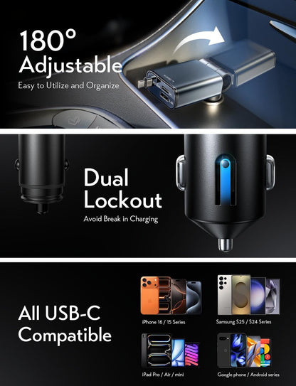 LISEN for iPhone 17 Pro Max Air Retractable Car Charger USB C Fast Charge, [Ultra-Mini, 60% Less Space] 57W Type C Car Phone Charger Adapter for iPhone 16e 16 15 Samsung S25 S24 Pixel Android