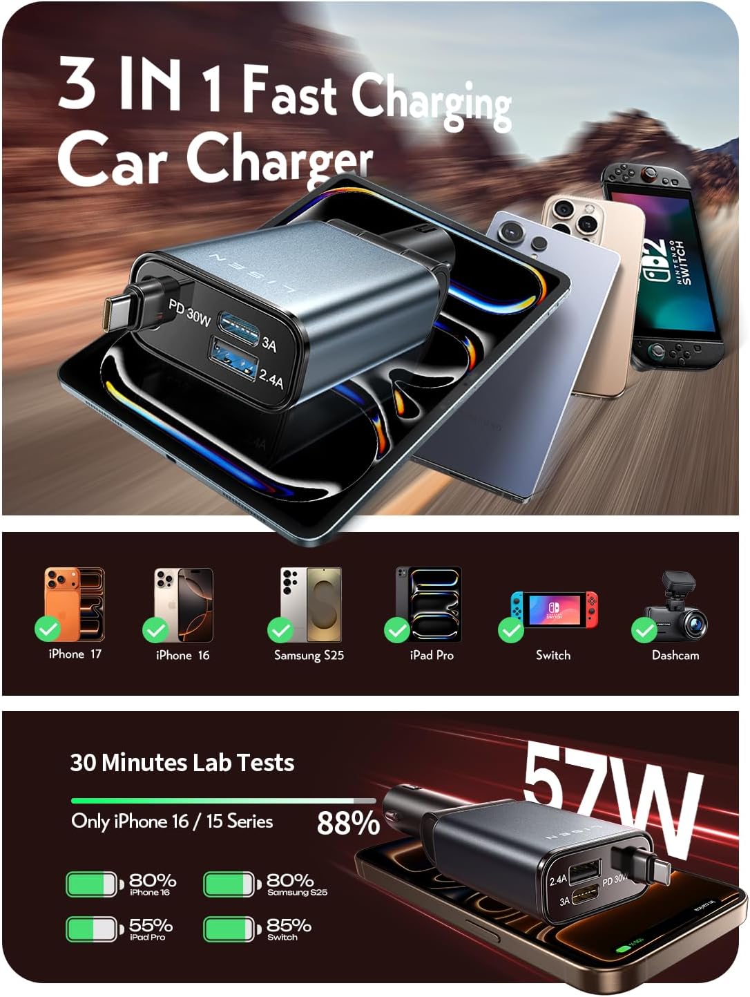 LISEN for iPhone 17 Pro Max Air Retractable Car Charger USB C Fast Charge, [Ultra-Mini, 60% Less Space] 57W Type C Car Phone Charger Adapter for iPhone 16e 16 15 Samsung S25 S24 Pixel Android