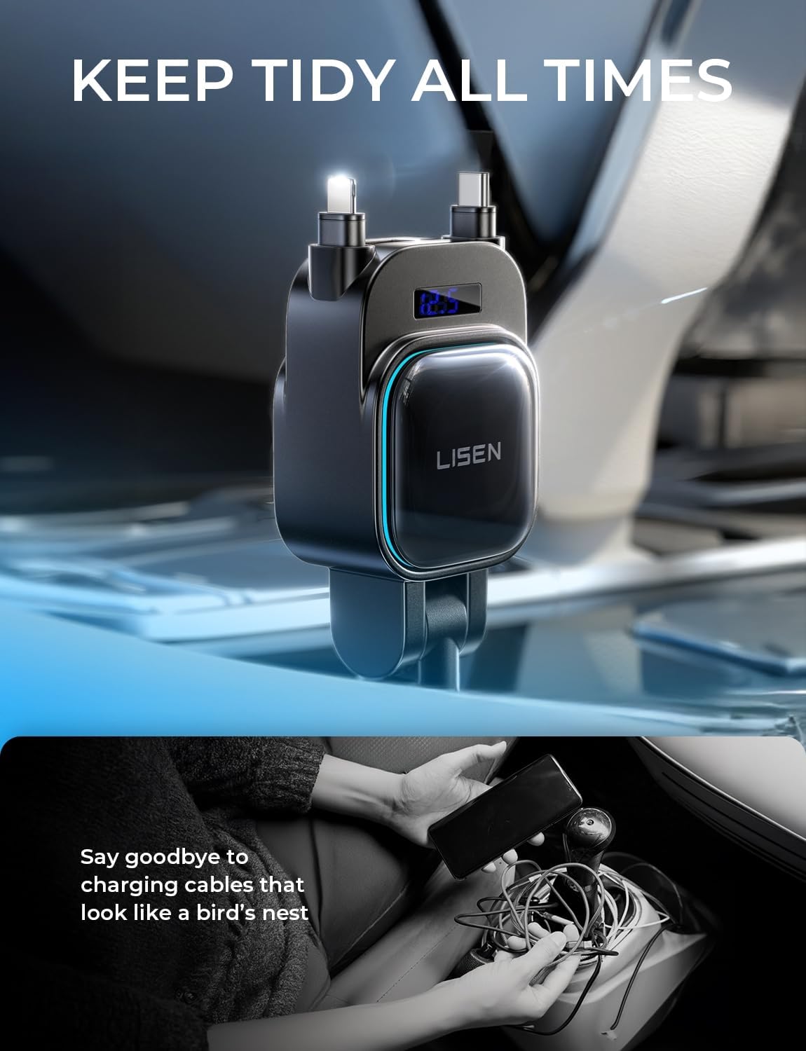 LISEN for iPhone 17 Pro Max Retractable Car Charger[USB C Cable & L Cable], 96W 4 in 1 Fast Charging Retractable Car Charger Cigarette Adapter for iPhone 16 15 14 13 12,Samsung Galaxy S25 S24, Android