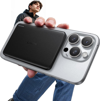 LISEN 0.3‘’ Ultra Slim MagSafe Portable Charger,5000mAh Wireless Card Slim MagSafe Battery Pack iPhone 17 Air Accessories,Magnetic Power Bank for iPhone 17 Pro Max Plus Air/16/15/14/13/12，Obsidian