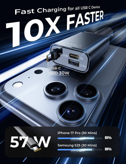 LISEN for iPhone 17 Pro Max Air Retractable Car Charger USB C Fast Charge, [Ultra-Mini, 60% Less Space] 57W Type C Car Phone Charger Adapter for iPhone 16e 16 15 Samsung S25 S24 Pixel Android