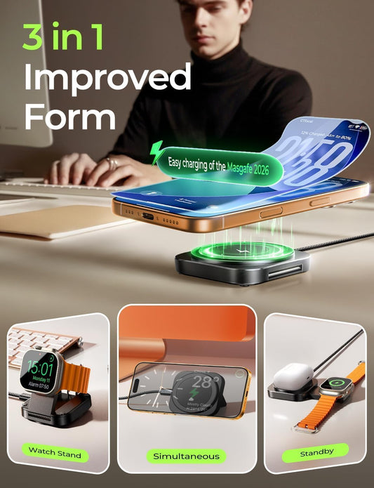 LISEN for MagSafe Charger Stand for iPhone Magnetic Apple Watch Airpods Charging, Travle Airplane Gadgets for iPhone Wireless Charger MagSafe Accessories Apple 17 16 Pro Max iwatch Airpods Black