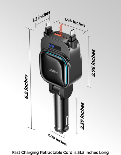LISEN for iPhone 17 Pro Max Retractable Car Charger[USB C Cable & L Cable], 96W 4 in 1 Fast Charging Retractable Car Charger Cigarette Adapter for iPhone 16 15 14 13 12,Samsung Galaxy S25 S24, Android