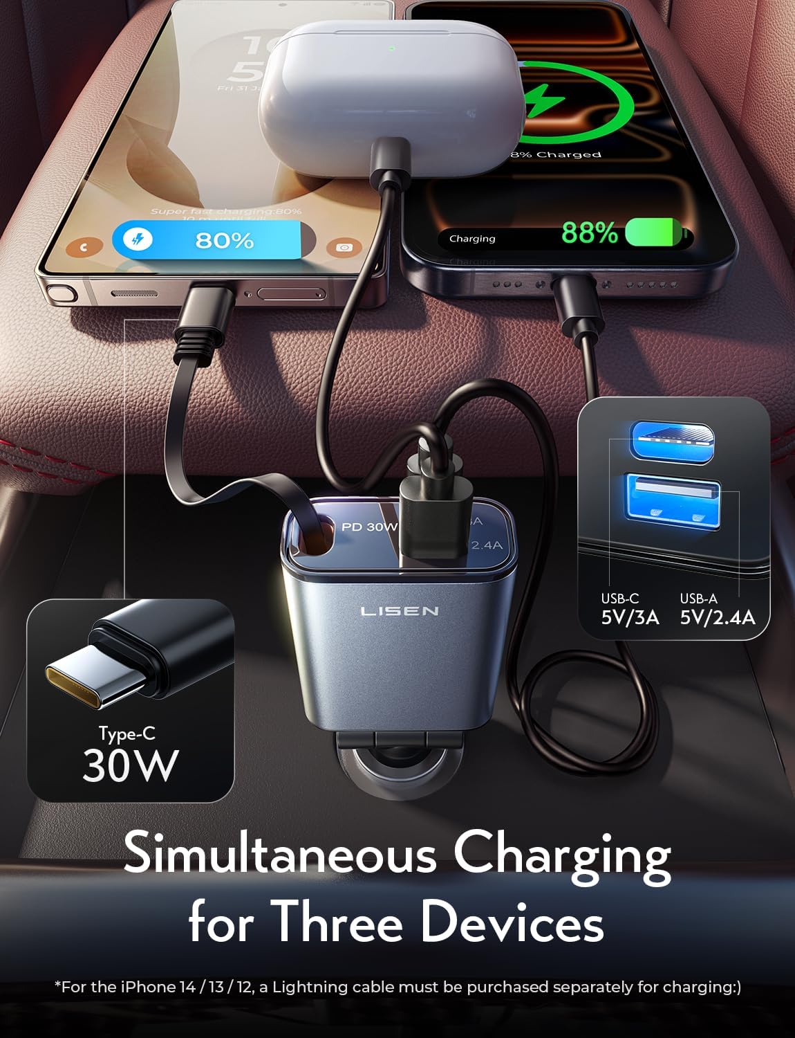 LISEN for iPhone 17 Pro Max Air Retractable Car Charger USB C Fast Charge, [Ultra-Mini, 60% Less Space] 57W Type C Car Phone Charger Adapter for iPhone 16e 16 15 Samsung S25 S24 Pixel Android