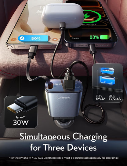 LISEN for iPhone 17 Pro Max Air Retractable Car Charger USB C Fast Charge, [Ultra-Mini, 60% Less Space] 57W Type C Car Phone Charger Adapter for iPhone 16e 16 15 Samsung S25 S24 Pixel Android