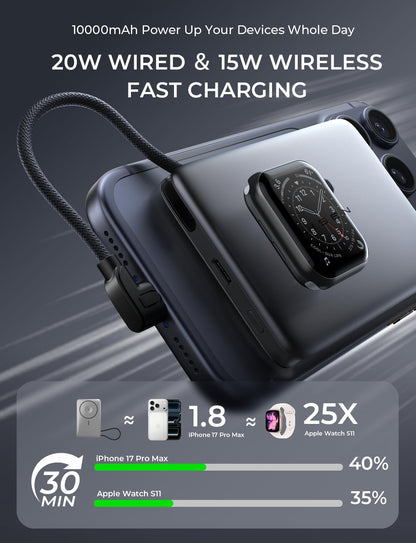 LISEN 0.5'' Ultra Slim MagSafe Power Bank for iPhone and Apple Watch,10000mAh MagSafe Battery Pack,Alloy Magnetic Portable Charger for iPhone 16 Pro Max Plus/15,Apple Watch S11 /S10/S9/SE，Black