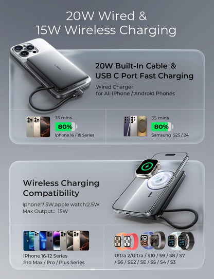 LISEN 0.5'' Ultra Slim MagSafe Power Bank for iPhone and Apple Watch,10000mAh MagSafe Battery Pack,Alloy Magnetic Portable Charger for iPhone 17 Air Pro Max Plus 16/15,Apple Watch S11 /S10/S9/SE