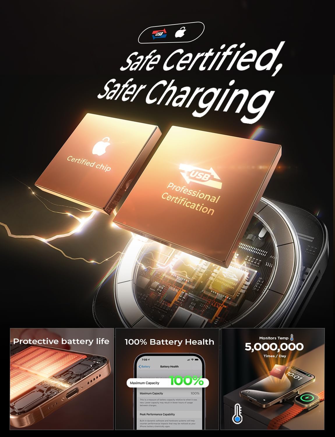 LISEN for MagSafe Charger Stand for iPhone Magnetic Apple Watch Airpods Charging, Travle Airplane Gadgets for iPhone Wireless Charger MagSafe Accessories Apple 17 16 Pro Max iwatch Airpods Black