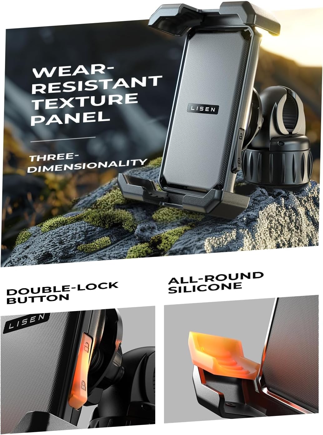 LISEN Motorcycle Phone Mount, [1s Quick Lock] [100mph Military Anti Shake], Dirt Bike Phone Holder, Electric Motorcycle Phone Holder Clamp for iPhone 17 16 15 Samsung Galaxy, All 4.6-7" Cell Phones