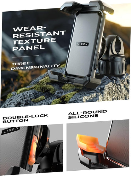 LISEN Motorcycle Phone Mount, [1s Quick Lock] [100mph Military Anti Shake], Dirt Bike Phone Holder, Electric Motorcycle Phone Holder Clamp for iPhone 17 16 15 Samsung Galaxy, All 4.6-7" Cell Phones