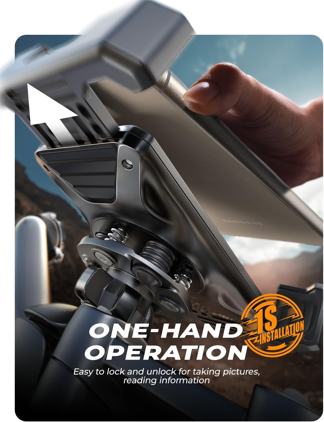 LISEN Motorcycle Phone Mount, [1s Quick Lock] [100mph Military Anti Shake], Dirt Bike Phone Holder, Electric Motorcycle Phone Holder Clamp for iPhone 17 16 15 Samsung Galaxy, All 4.6-7" Cell Phones