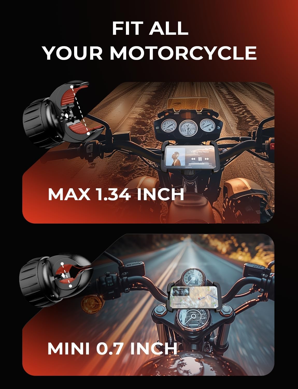 LISEN Motorcycle Phone Mount [2025 Upgrade] Bike Phone Mount- Motorcycle Handlebar Cell Phone Clamp, Scooter Phone Clip for iPhone 16 Pro Max/Plus, 15 Pro Max, S9 S10 and 4.7" to 6.8" Smartphones