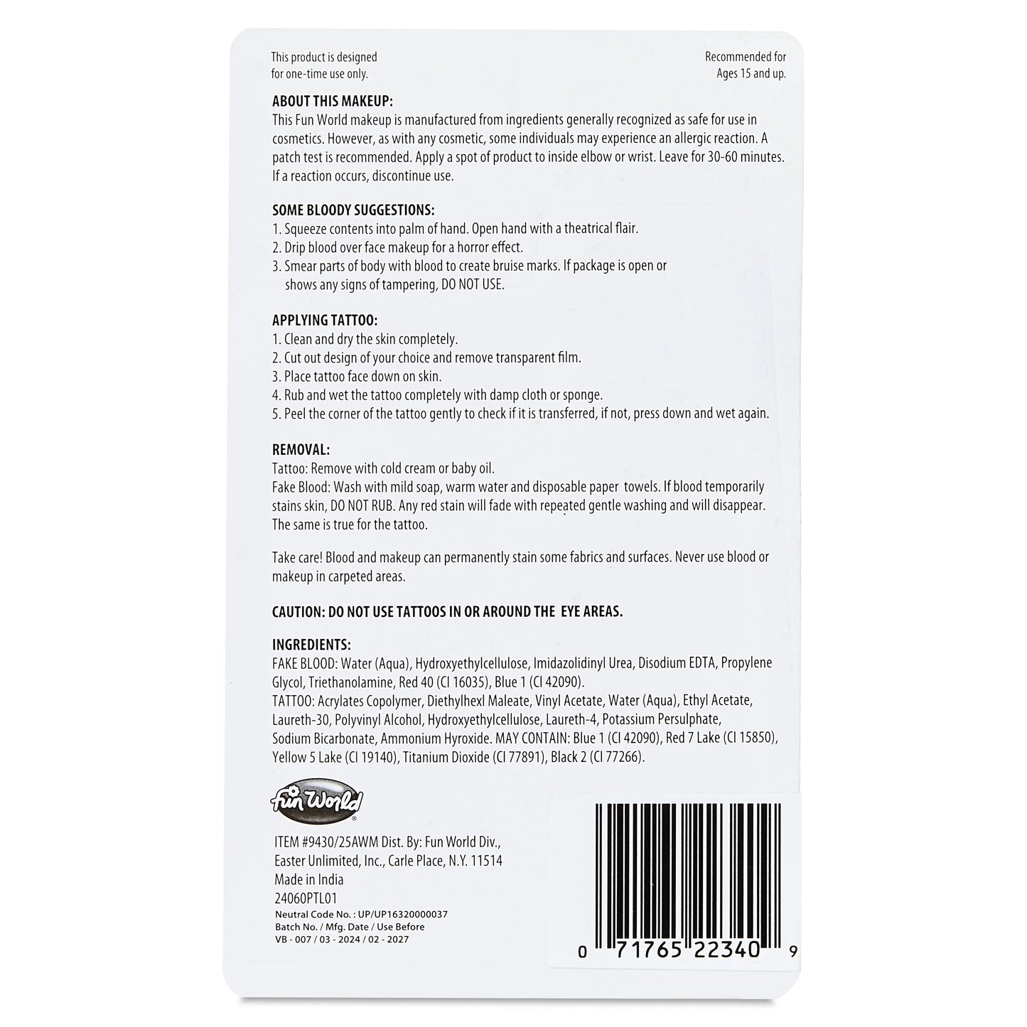 Tube of Blood and Tattoos, Halloween Make-Up for Adults, by Fun World